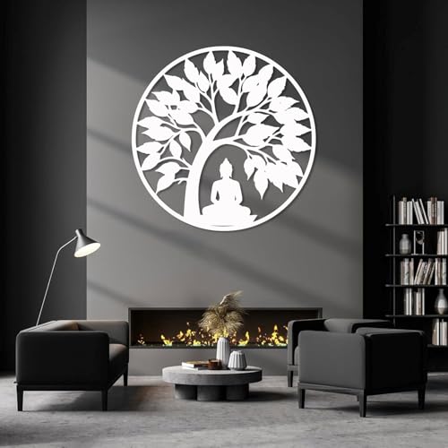 Tree of Life and Buddha Metal Wall Decor, Tree of Life Metal Wall Art, Zen Artwork Decor, Meditation Hindu Wall Art, Spiritual Gifts, Zen Artwork for Yoga Studio (White, 24"x24") - color: White, size: 24"x24"