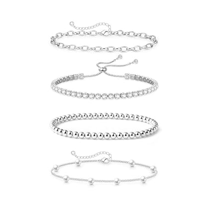 Zeffy Gold Pearl Beaded Bracelet for Women, 14K Gold Plated Jewelry Set With Paperclip Link Chain, Trendy Stack Bracelets - style: 4PCS Silver Tennis Pearl Beaded Stackable Bracelets