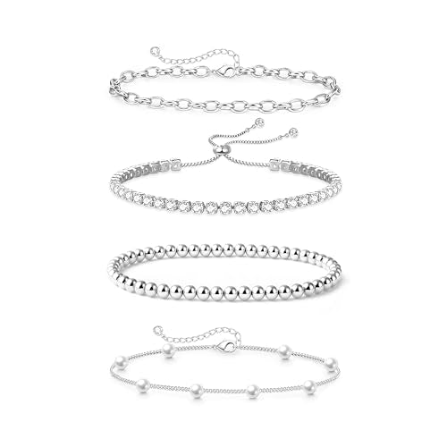 Zeffy Gold Pearl Beaded Bracelet for Women, 14K Gold Plated Jewelry Set With Paperclip Link Chain, Trendy Stack Bracelets - style: 4PCS Silver Tennis Pearl Beaded Stackable Bracelets