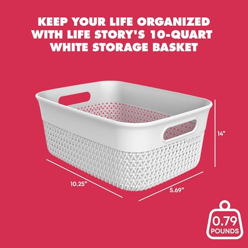 Life Story Medium Storage Basket, Decorative Plastic Home Organizer, Lightweight Versatile Tub with Built-In Handles, 10 Quart, White