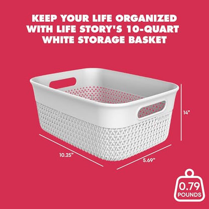 Life Story Medium Storage Basket, Decorative Plastic Home Organizer, Lightweight Versatile Tub with Built-In Handles, 10 Quart, White