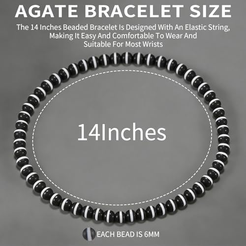 14in Agate Wrap Bracelet for Women Men Natural Round Beaded Agates Stone Healing Stretch Bracelets Elastic Handmade Polished Gemstone Beads Bracelet - color: Black White-1 Agate, size: 6mm Beads
