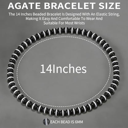 14in Agate Wrap Bracelet for Women Men Natural Round Beaded Agates Stone Healing Stretch Bracelets Elastic Handmade Polished Gemstone Beads Bracelet - color: Black White-1 Agate, size: 6mm Beads