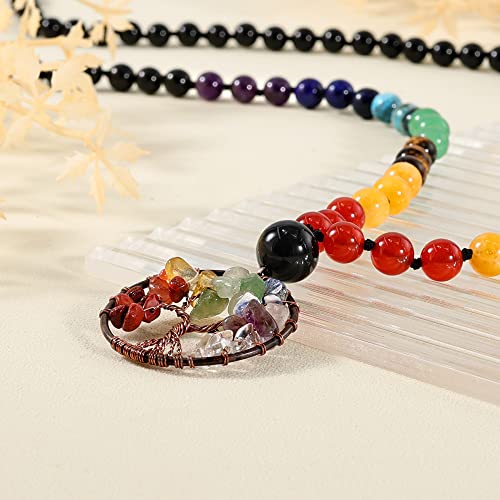 Bivei 108 Mala Beads Necklace Life Tree 7 Chakra Wrap Bracelet Real Healing Gemstone Yoga Meditation Hand Knotted Mala Prayer Bead Necklace - color: Black Agate, size: 8mm