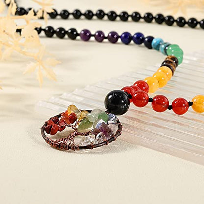 Bivei 108 Mala Beads Necklace Life Tree 7 Chakra Wrap Bracelet Real Healing Gemstone Yoga Meditation Hand Knotted Mala Prayer Bead Necklace - color: Black Agate, size: 8mm
