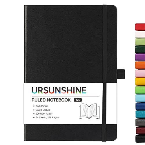 Ruled Notebook/Journal - Classic Lined Journal/Notebook, 5.3" x 8.26", Hardcover with Thick Paper, Banded + Pen Holder +Inner Pocket - Black - color: Black, size: Ruled