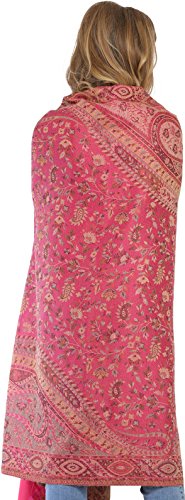 Exotic India Reversible Jamawar Shawl with Woven Paisleys - Wool - color: Hot Pink