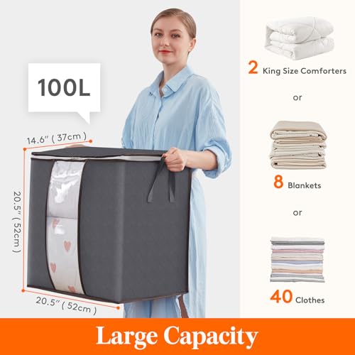 Lifewit 3 Pack 100L Clothes Storage Bins with Lids, Foldable Blanket Storage Bags with Zippers, Clear Window and Reinforced Handles, Closet and Organization for Clothing, Sweater, Comforter, Bedding - size: 100L