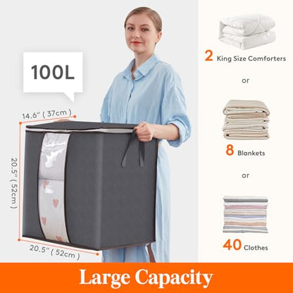 Lifewit 3 Pack 100L Clothes Storage Bins with Lids, Foldable Blanket Storage Bags with Zippers, Clear Window and Reinforced Handles, Closet and Organization for Clothing, Sweater, Comforter, Bedding - size: 100L