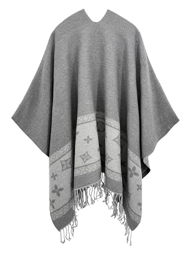 Women's Elegant Shawl Wraps, Soft Open Front Poncho Cape, Reversible Casual Cardigan Shawls for Gift Travel - color: Darkgrey-lightgrey