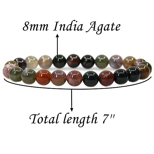 Angelstones Handmade Natural Healing Gemstone 8mm Round Beads Stretch Crystal Bracelet 7 Inch Unisex - color: India Agate