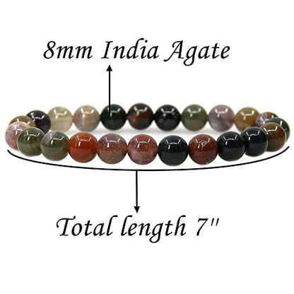 Angelstones Handmade Natural Healing Gemstone 8mm Round Beads Stretch Crystal Bracelet 7 Inch Unisex - color: India Agate