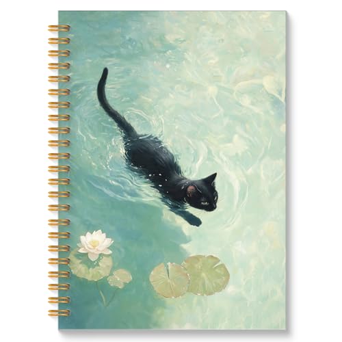 ROXMART Whimsical Funny Black Cat Spiral Notebook Journal, Cat Lover Mom Lady Owner Gifts, Cute Black Kitty Kitten in Water Lily Pond Hardcover Notebook Journal, 5.5x8.3 Inch - color: Style05