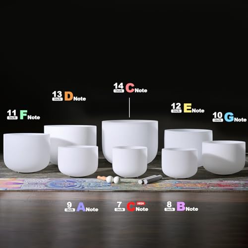 CVNC 432HZ 7-14 Inch Set Of 8 PCS Frosted Chakra Quartz Crystal Singing Bowls for Sound Healing with 2 PCS Travel Carry Case Bag
