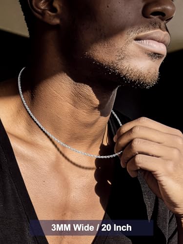 Bandmax Solid 1.5mm/2mm/3mm/6mm Rope Chains for Men Women 14K Gold Plated/Black Plated Stainless Steel Twist Chain 16-30 Inches, with Gift Box - color: 07 3MM Steel