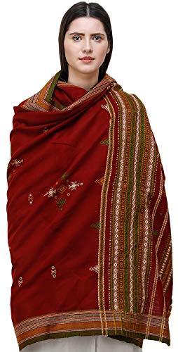 Exotic India Shawl from Kutch with Embroidered Bootis and Mirrors - Wool - color: Tibetan Red