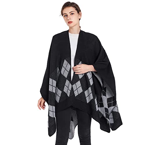 Shawl Wraps for Women, Elegant Knitted Cape Open Front Poncho Scarf Blanket Cardigan Coat for Spring, Autumn, and Winter - color: Black White