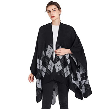 Shawl Wraps for Women, Elegant Knitted Cape Open Front Poncho Scarf Blanket Cardigan Coat for Spring, Autumn, and Winter - color: Black White