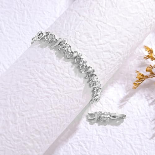14K White/Yellow Gold Plated 4mm Cubic Zirconia Elephant Bracelet for Women Cute Animal CZ Link Chain Bracelet with Fold Over Clasp Jewelry Gift（6.5 Inch+1Inch） - color: White Gold Plated