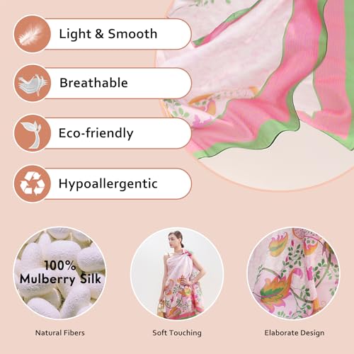 100% Mulberry Extra Large Silk Pashmina Scarf Shawls And Wraps For Women Evening Dress Summer Travel Floral Blanket - color: 76 Green&pink