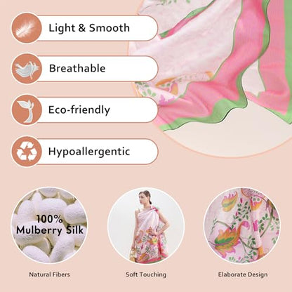 100% Mulberry Extra Large Silk Pashmina Scarf Shawls And Wraps For Women Evening Dress Summer Travel Floral Blanket - color: 76 Green&pink