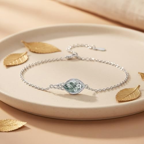 PELOVNY Celtic Knot Bracelet for Women 925 Sterling Silver Infinity Gemstone/Birthstone Bracelets Birthday Christmas Jewelry Gifts for Mom Daughter Wife - color: 03-Moss Agate