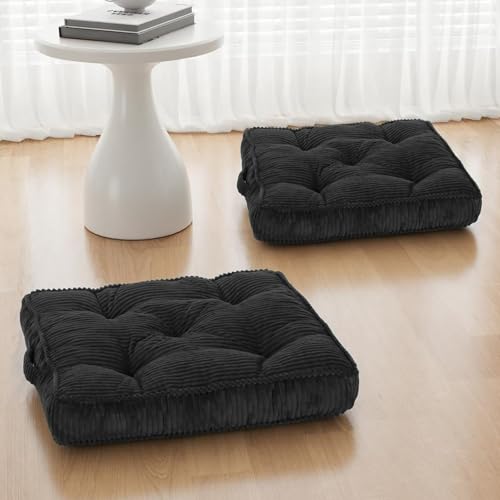 Meditation Floor Cushion Set of 2, 22x22 Tufted Floor Cushion for Adults, Square Large Meditation Cushion Pillow, Corduroy Sitting Pillow with Handle, Yoga Seating for Tatami, Dark Grey - color: Dark Grey, size: 22x22x4 inch
