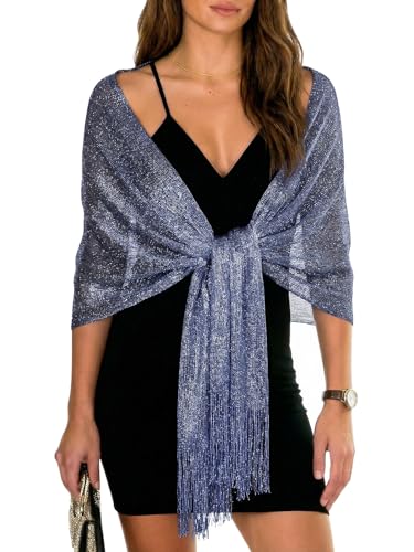 Sumolux Shawls Wraps for Evening Dresses Metallic Glitter Shawls Scarf for Women Sparkling Wedding with Free Buckle - color: Navy Blue