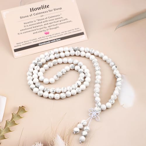 AD Beads 6mm 8mm 108 Prayer Mala Jasper Elastic Bracelet - Handmade Yoga Meditation Healing Power Energy Gifts for Unisex Adult. - color: Howlite(Calmness)