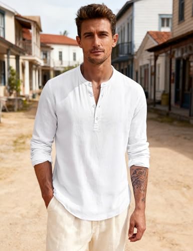 Men's Linen Shirts Henley T-Shirts Long Sleeve Casual Beach T-Shirts Solid Tops Shirts for Men - color: White, size: Large