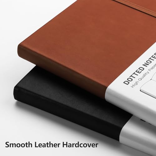 RETTACY Dotted Journal Notebook, 2-Pack, 160 Numbered Pages per Pack, A5 Medium Size (5.7'' x 8.3''), 120 GSM Thick Paper, Leather Hardcover, for Journaling, Planning, Tracking (Brown & Brown) - color: Brown & Brown, style: Dotted
