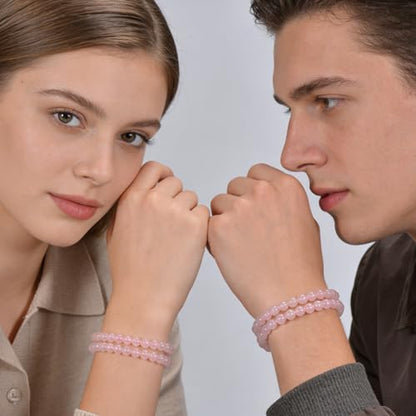 14in Agate Wrap Bracelet for Women Men Natural Round Beaded Agates Stone Healing Stretch Bracelets Elastic Handmade Polished Gemstone Beads Bracelet - color: Pink Quartz, size: 6mm Beads