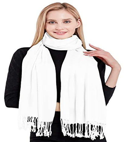 CJ Apparel Solid Color Tassels Design Nepalese Shawl Scarf Wrap Stole Throw Head Wrap Pashmina Gift Hand Made in Nepal New - color: Brilliant White