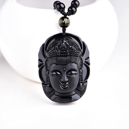 Meditation Necklace, Natural Obsidian Hand Carved Buddha Pendant Fashion Necklace Creative Jewelry