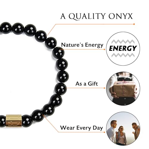 Morchic 8mm Genuine Gemstone Stretch Bracelet for Women Men Unisex, Natural Energy Crystal Stone Beads, Classic Simple Design Cuff Birthday Gift 7.5 Inch - color: Black Onyx