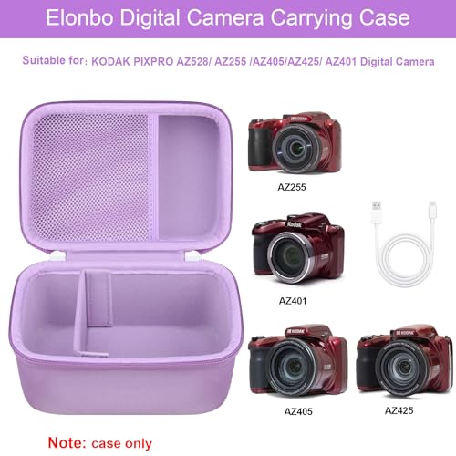 Elonbo Carrying Case for KODAK PIXPRO AZ528/ AZ255/ AZ405/ AZ425/ AZ401 Digital Camera, Kodak PIXPRO Astro Zoom Vlogging Camera Hard Travel Storage Bag, Mesh Pocket fits Battery Cable, Purple - color: Purple
