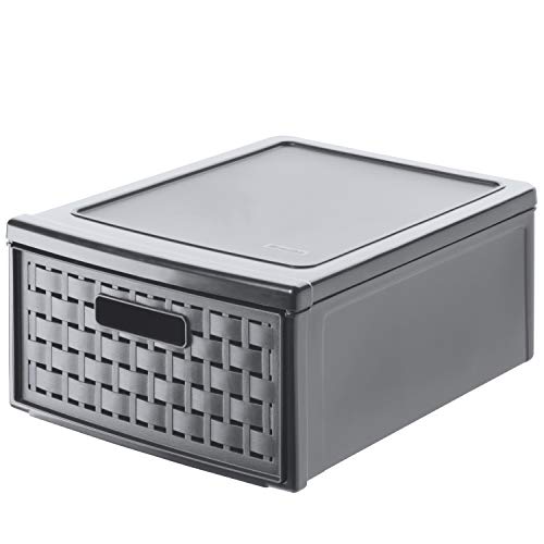 Rotho Country Box 8.3l with 1 Drawer in Rattan-Look, Plastic (PP) BPA-Free, Anthracite, Klein/8,3l (35,0 x 26,0 x 14,5 cm) - size: klein/8,3l (35,0 x 26,0 x 14,5 cm)