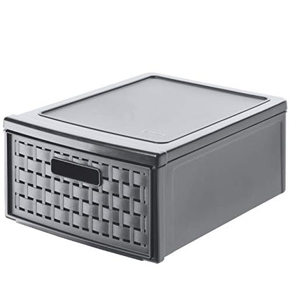 Rotho Country Box 8.3l with 1 Drawer in Rattan-Look, Plastic (PP) BPA-Free, Anthracite, Klein/8,3l (35,0 x 26,0 x 14,5 cm) - size: klein/8,3l (35,0 x 26,0 x 14,5 cm)