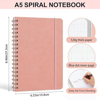 Dot Grid Journal Starter Kit, A5 Spiral Notebook with Stencil Ruler, Date & Color Stickers, Hardcover, 120gsm Thick Paper, Subtle Blue Dotted Pages for Planning, Study & Work - Pink - color: Pink