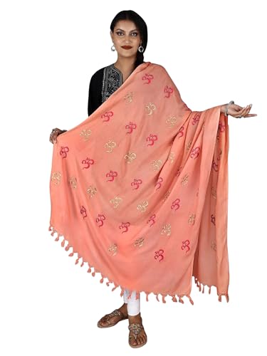 Exotic India Prayer Shawl with Zari and Thread Embroidered Dual Color Om Motif - Viscose Cotton
