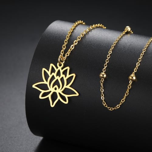 VASSAGO Buddha Lotus Necklace for Women Yoga Healing Pendant Stainless Steel Flower Necklace Buddhist Necklace Unalome Symbol Amulet Religious Jewelry - color: gold 9