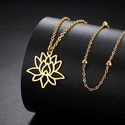VASSAGO Buddha Lotus Necklace for Women Yoga Healing Pendant Stainless Steel Flower Necklace Buddhist Necklace Unalome Symbol Amulet Religious Jewelry - color: gold 9