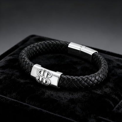 Men's Leather Bracelet, Stackable Stainless Steel Clasp Bracelets for Men Stylish Birthday, Thanksgiving, Valentine's Day Gift for My Man - style: 9" Dollar
