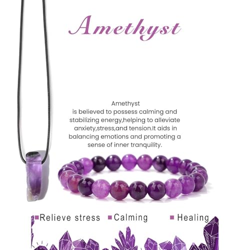 Pingyongchang Stress Relief Anxiety Yoga Bracelets Necklace Set,Healing Crystal Stone Mantra Bracelets for Women Natural Crystal Stone birthday Gifts For Teen Girls Black Leather Necklace for Men - color: Amethyst