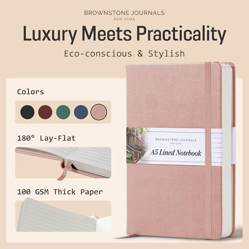 BROWNSTONE JOURNALS A5 Hardcover Lined Journal 5"x8" - Notebook for Work & Writing, 160 Pages Thick 100 GSM Paper, Lay Flat Binding, Elastic Band, Ribbon Bookmark (Rose Wood) - color: Rose Wood