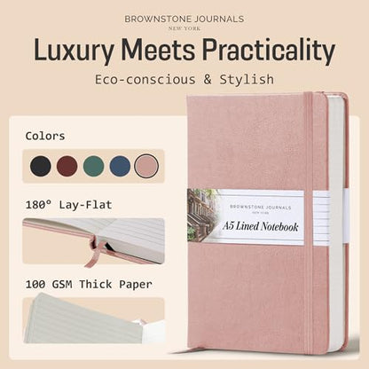 BROWNSTONE JOURNALS A5 Hardcover Lined Journal 5"x8" - Notebook for Work & Writing, 160 Pages Thick 100 GSM Paper, Lay Flat Binding, Elastic Band, Ribbon Bookmark (Rose Wood) - color: Rose Wood