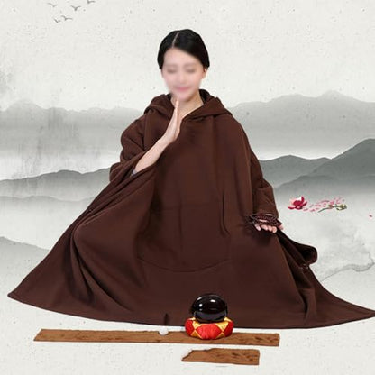 Winter Meditation Robe Buddhist Hooded Cloak Capes Warm Fleece Lined Oversize Coat with Pockets - color: Coffee, size: Large