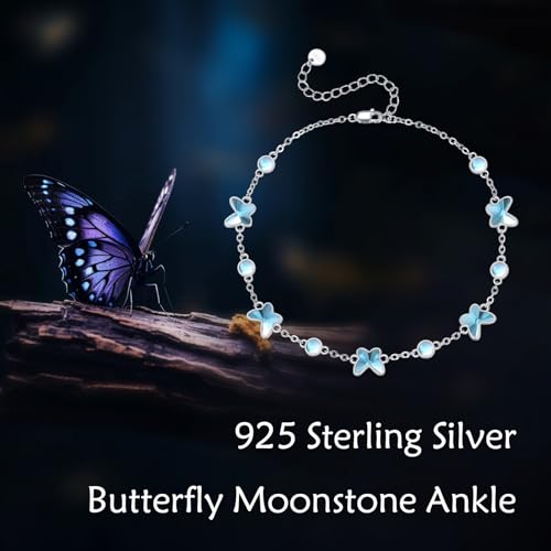 CRMAD 925 Sterling Silver Daisy/Sunflower Moonstone Anklet Daisy Flower Ankle Bracelet for Women Beach Dainty Jewelry - size: 9+2 inch, style: butterfly