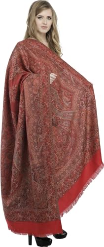 Exotic India Reversible Jamawar Shawl with Woven Paisleys - Wool - color: Maroon