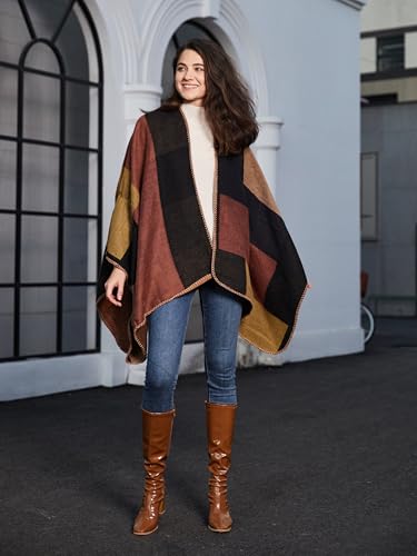 MissShorthair Women's Printed Shawl Wrap Fashionable Open Front Poncho Cape, Gift for Women - color: A-a Brown Black